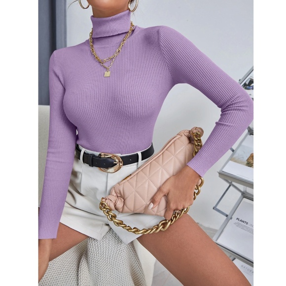 Lilac Purple Sweater Top Rib-Knit High Neck Turtleneck Long Sleeve - Picture 2 of 9
